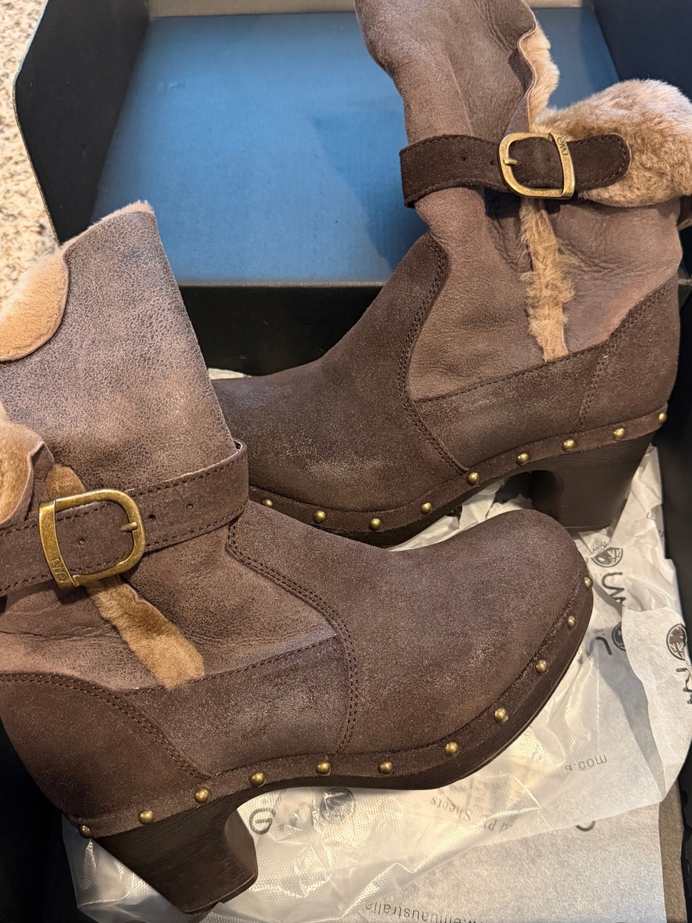 Emu Brown Suede Fur-Trim Buckle Heel Boots